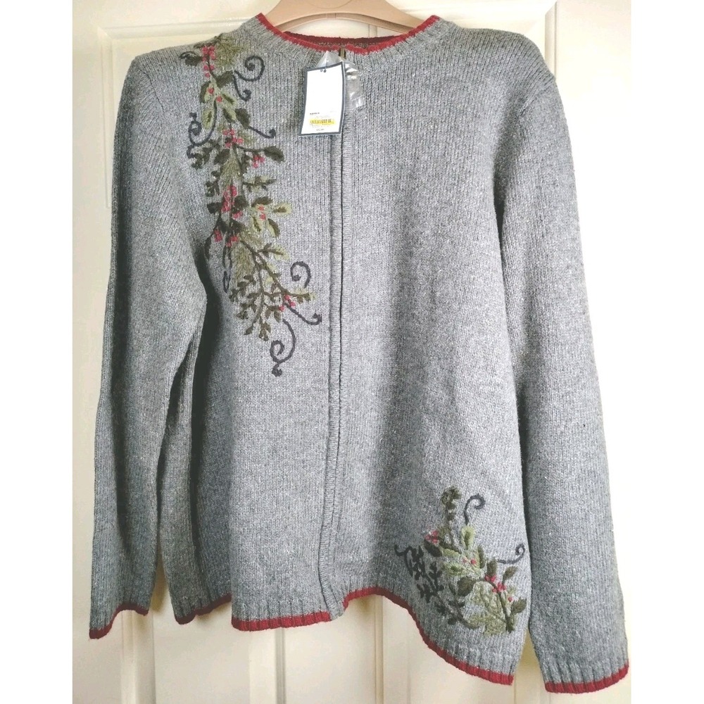 Croft & Barrow Women's 1X Gray Cardigan Sweater Full Zip Holly Embroidered NWT